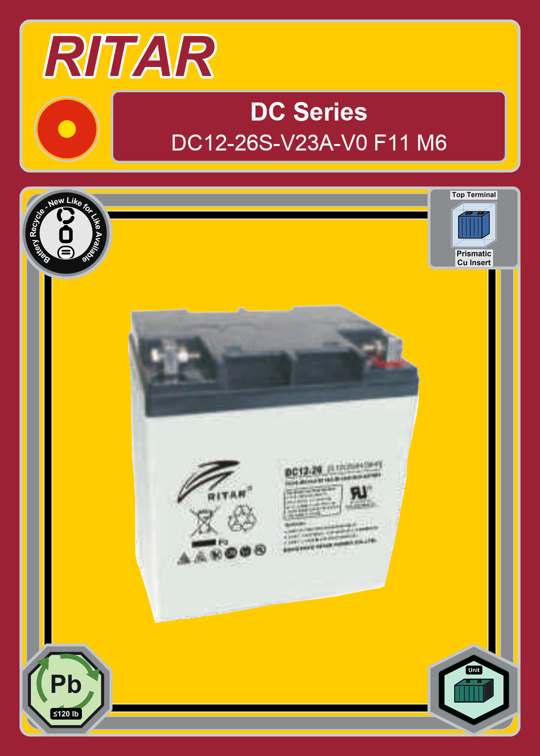 Battery Recycle Ritar DC Series DC12 26S V23A V0 F11 M6