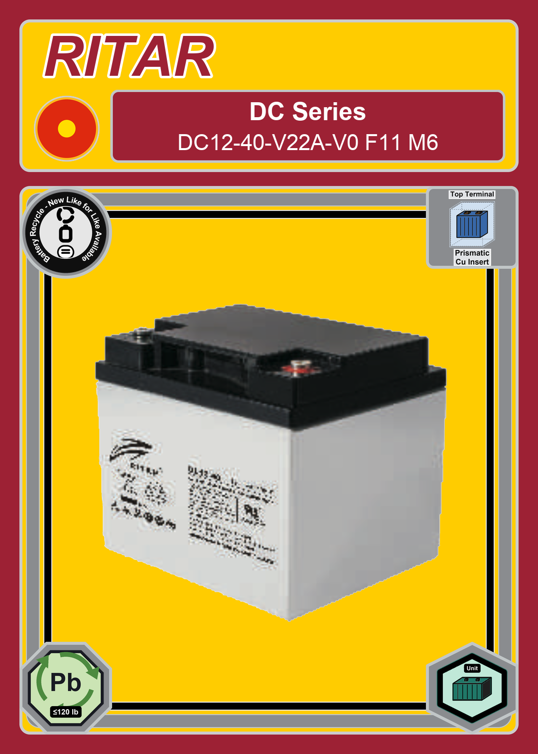 Battery Recycle Ritar DC Series DC12 40 V22A V0 F11 M6