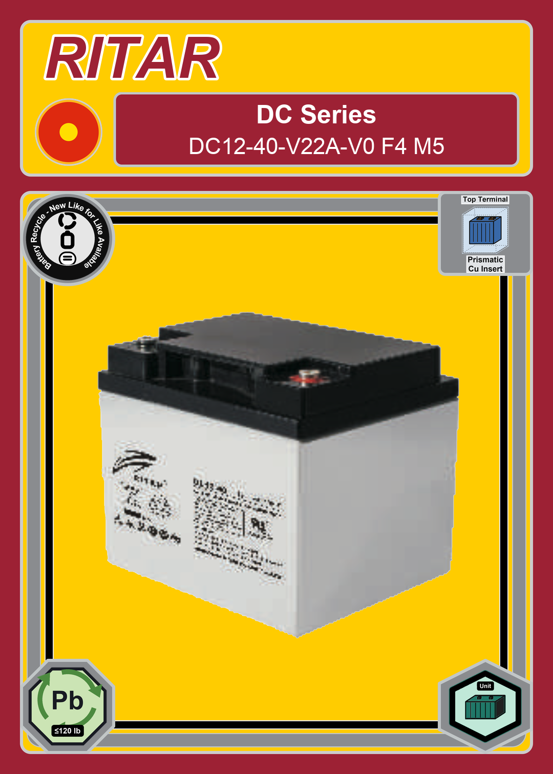 Battery Recycle Ritar DC Series DC12 40 V22A V0 F4 M5