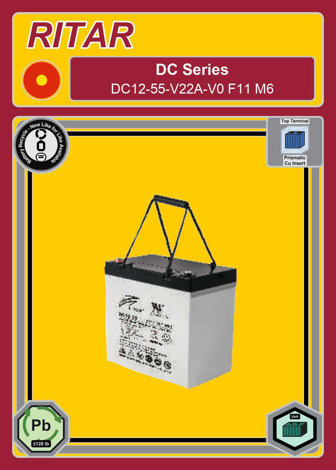 Battery Recycle Ritar DC Series DC12 55 V22A V0 F11 M6