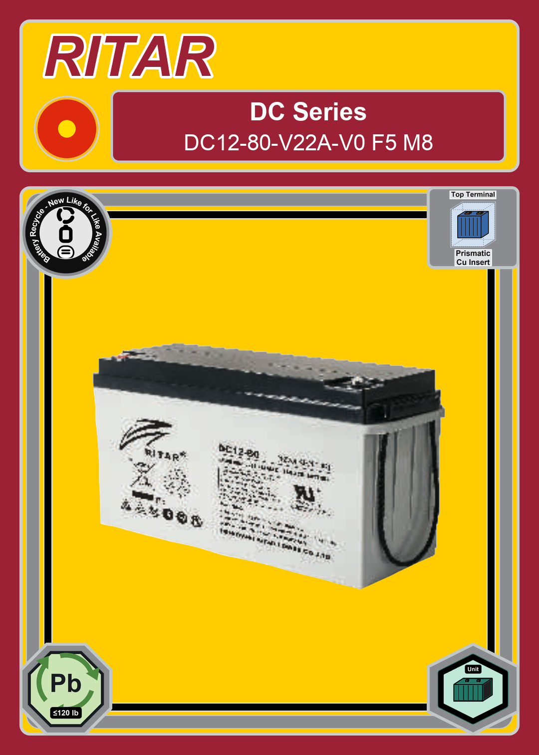 Battery Recycle Ritar DC Series DC12 80 V22A V0 F5 M8