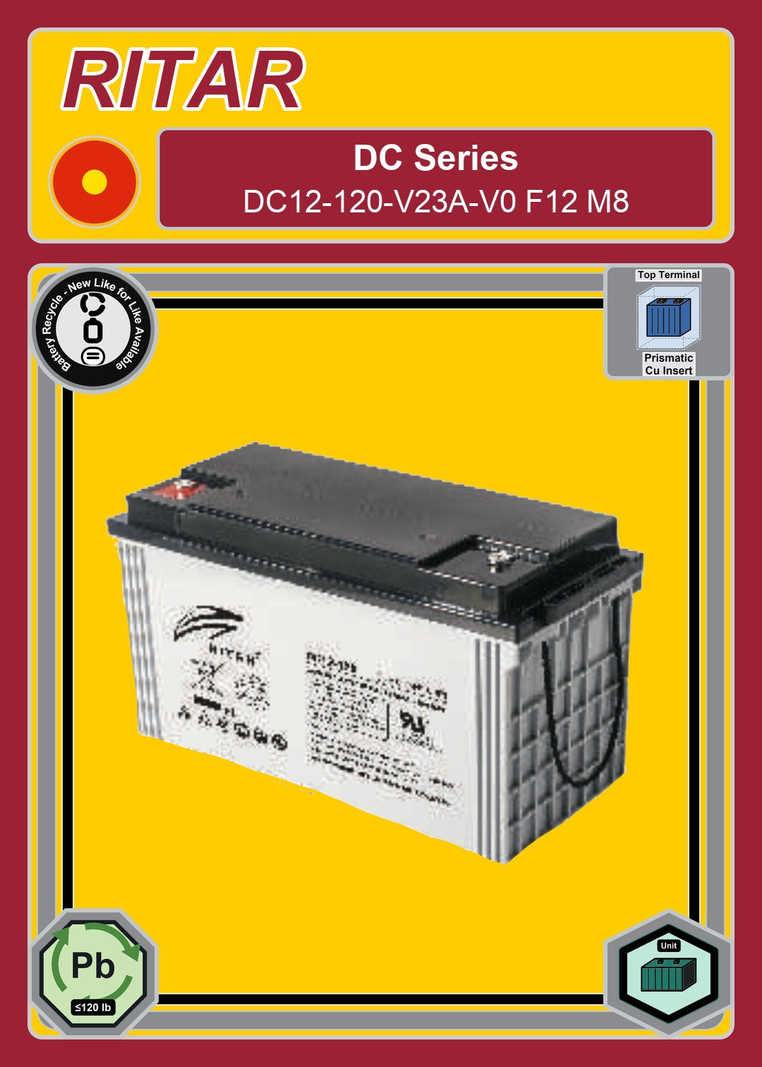 Battery Recycle Ritar DC Series DC12 120 V23A V0 F12 M8