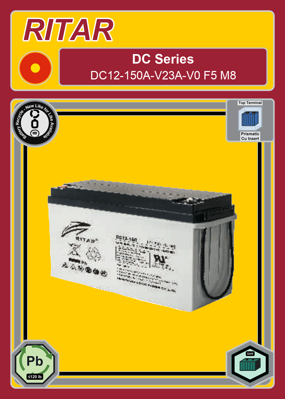 Battery Recycle Ritar DC Series DC12 150A V23A V0 F5 M8