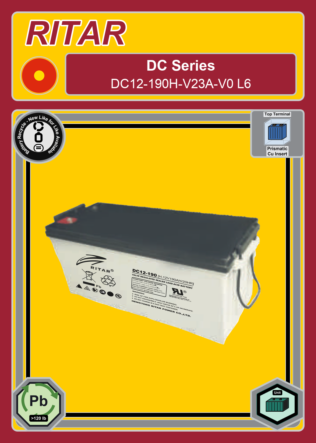 Battery Recycle Ritar DC Series DC12 190H V23A V0 L6