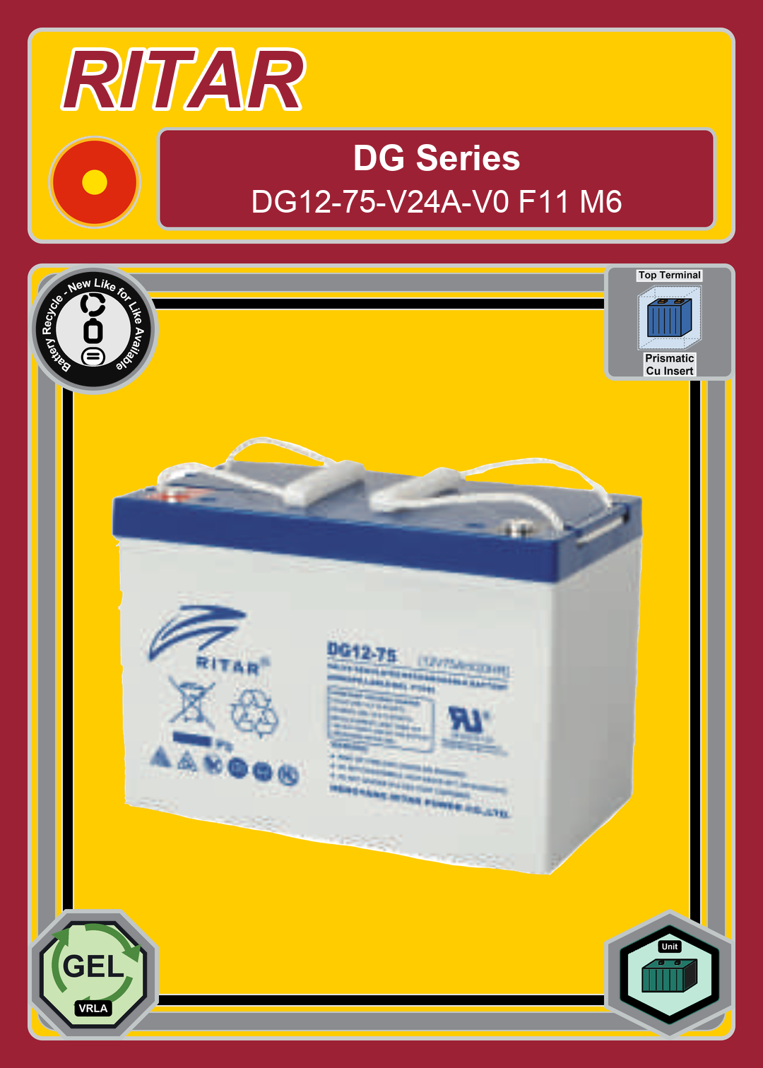 Battery Recycle Ritar DG Series DG12 75 V24A V0 F11 M6