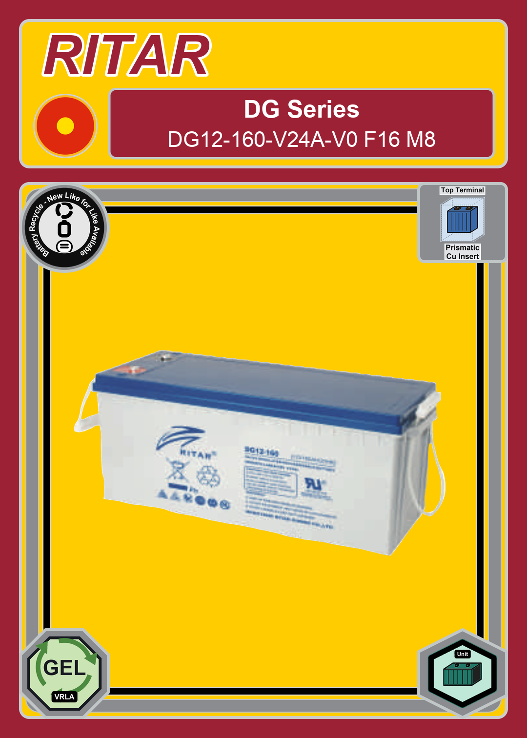 Battery Recycle Ritar DG Series DG12 160 V24A V0 F16 M8