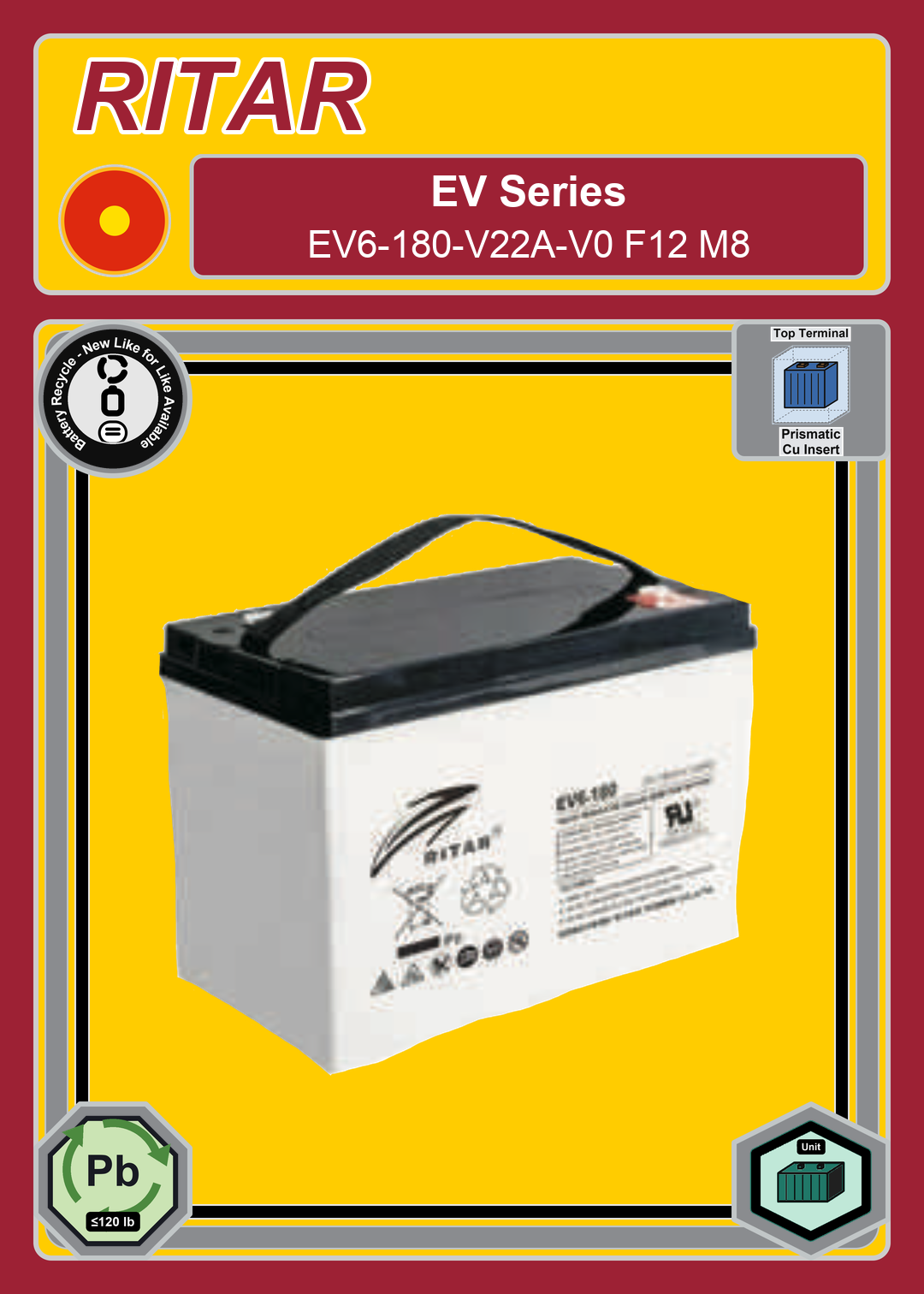 Battery Recycle Ritar EV Series EV6 180 V22A V0 F12 M8