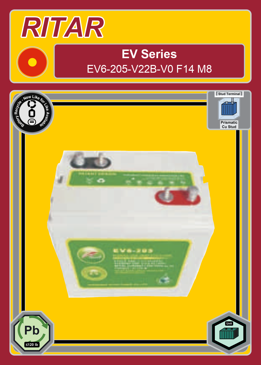 Battery Recycle Ritar EV Series EV6 205 V22B V0 F14 M8