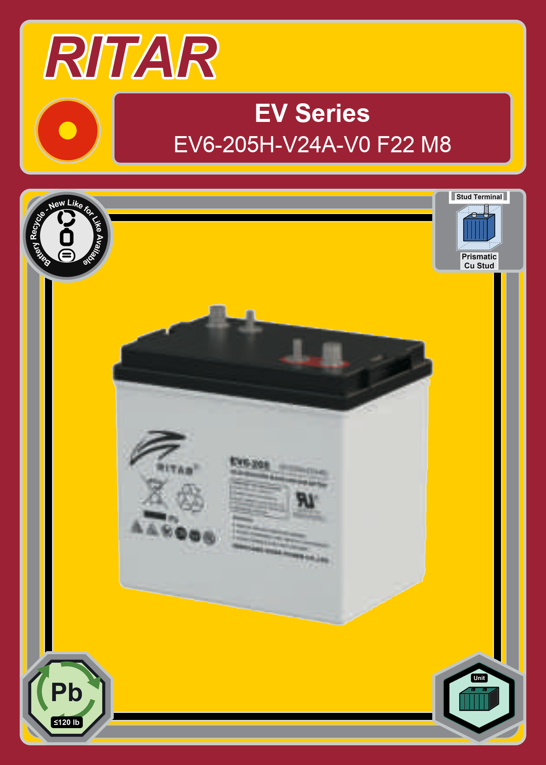 Battery Recycle Ritar EV Series EV6 205H V24A V0 F22 M8