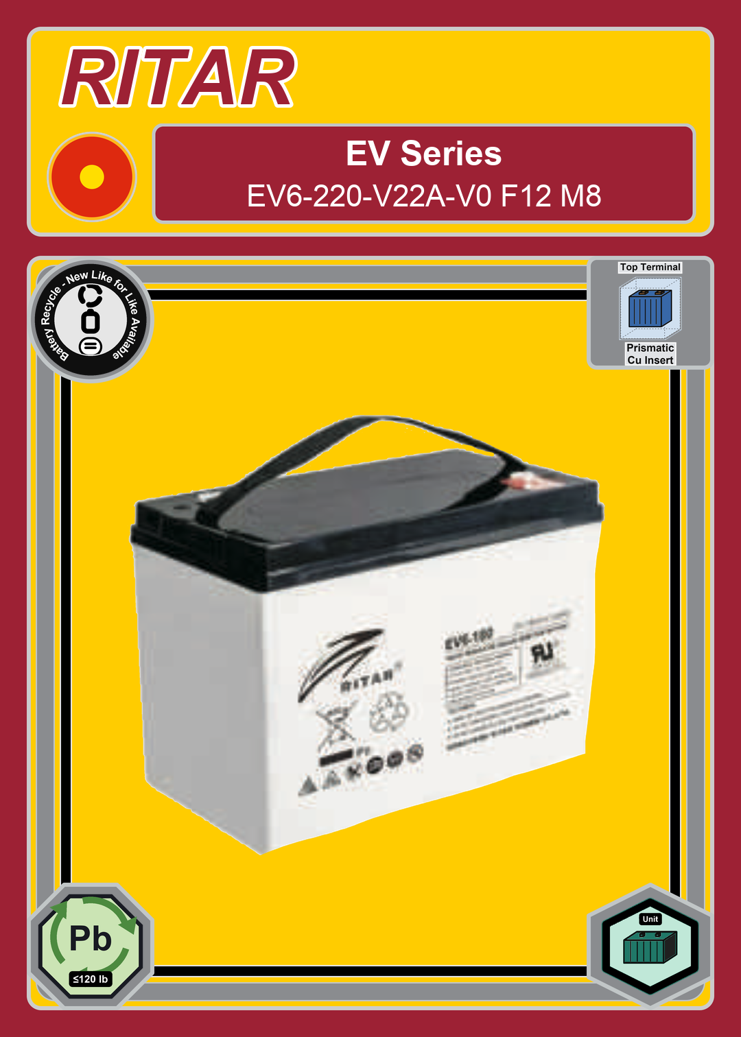 Battery Recycle Ritar EV Series EV6 220 V22A V0 F12 M8