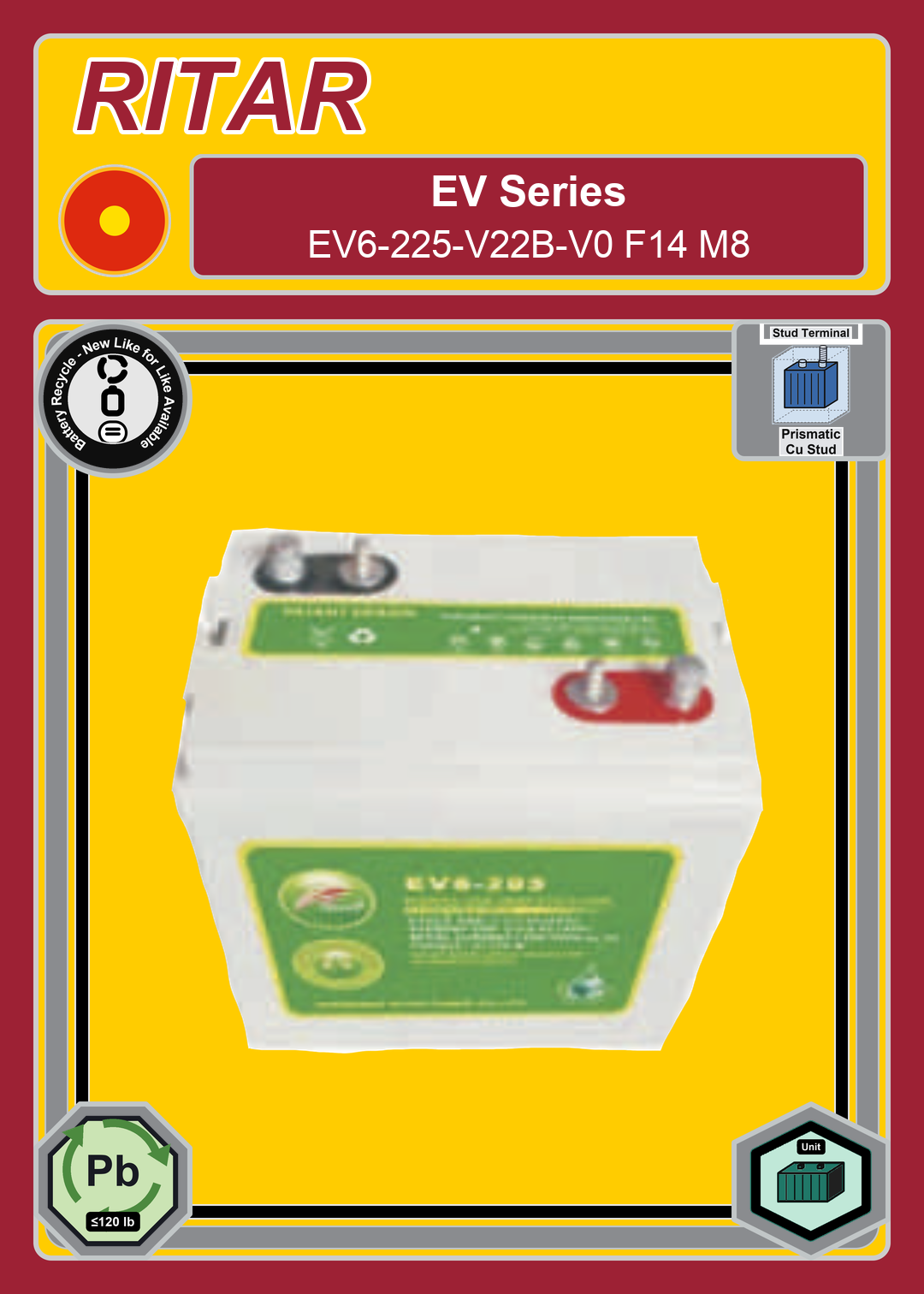 Battery Recycle Ritar EV Series EV6 225 V22B V0 F14 M8