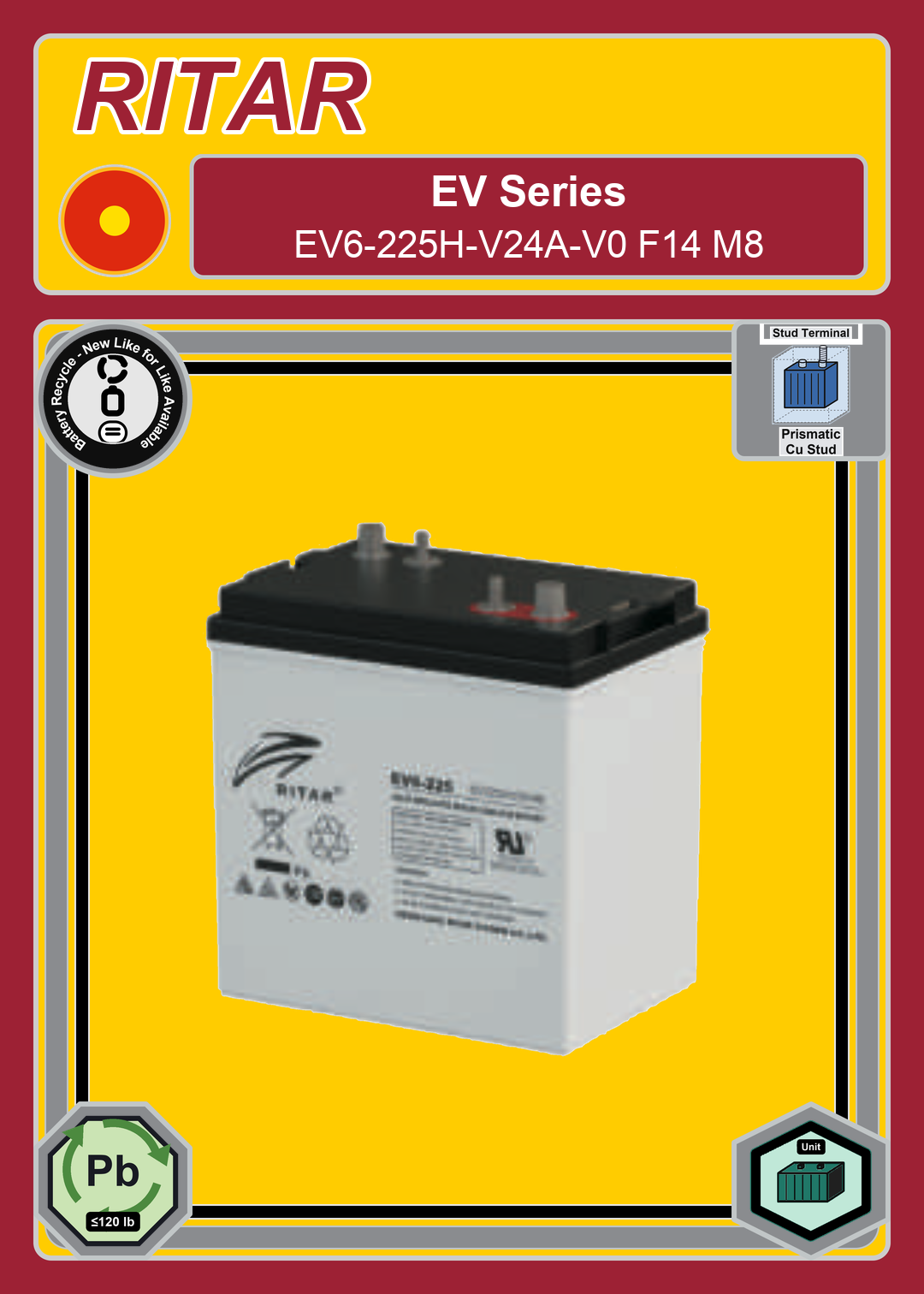 Battery Recycle Ritar EV Series EV6 225H V24A V0 F14 M8
