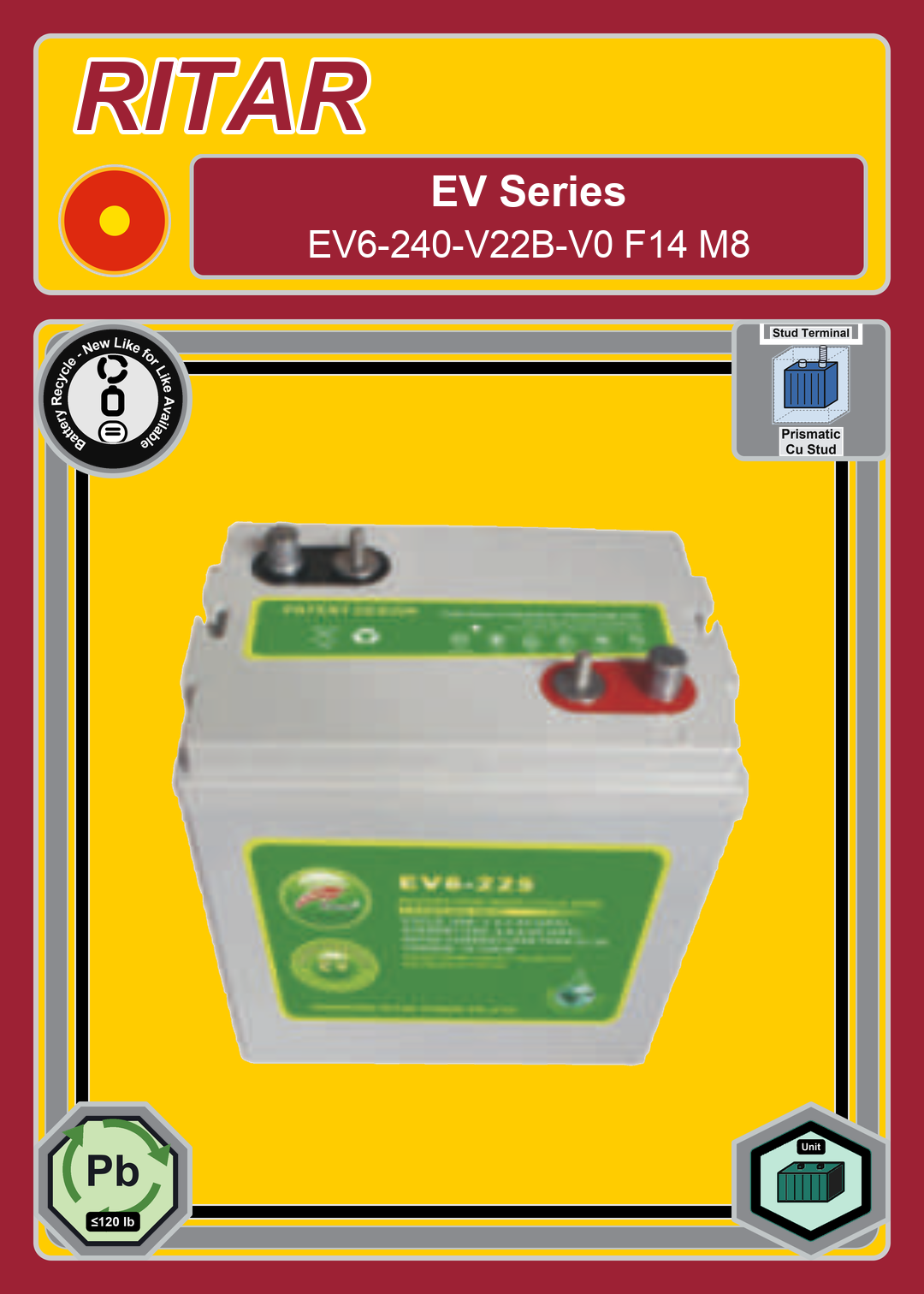 Battery Recycle Ritar EV Series EV6 240 V22B V0 F14 M8