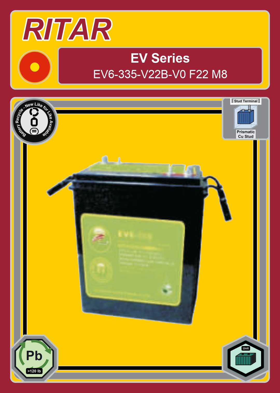 Battery Recycle Ritar EV Series EV6 335 V22B V0 F22 M8