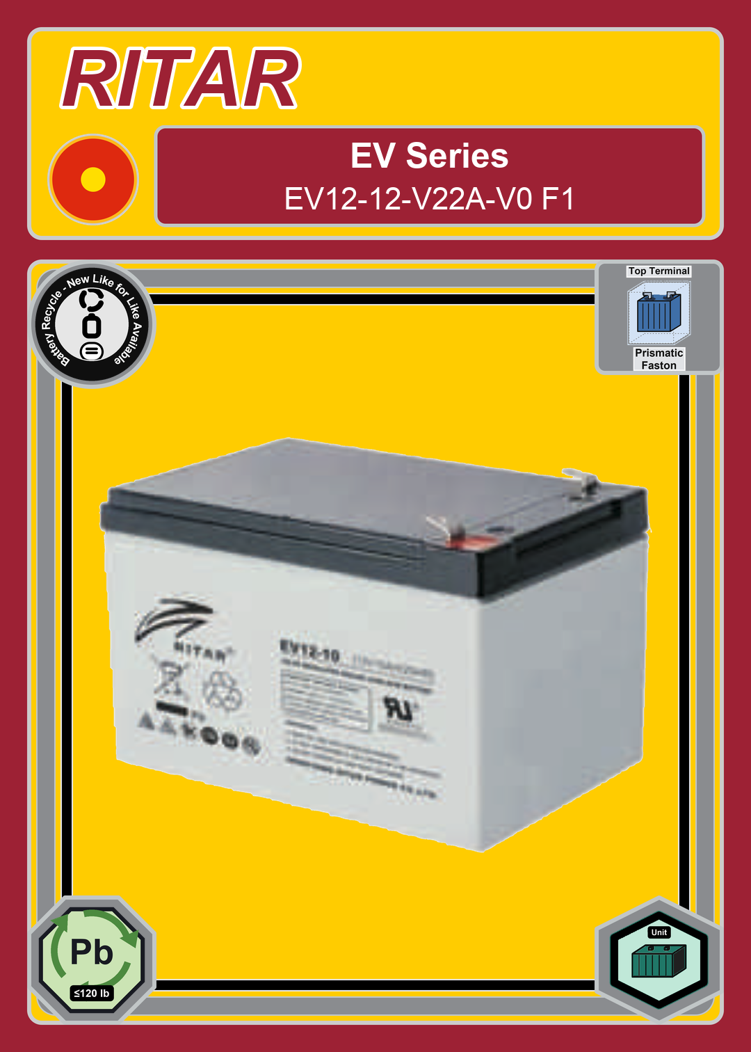 Battery Recycle Ritar EV Series EV12 12 V22A V0 F1