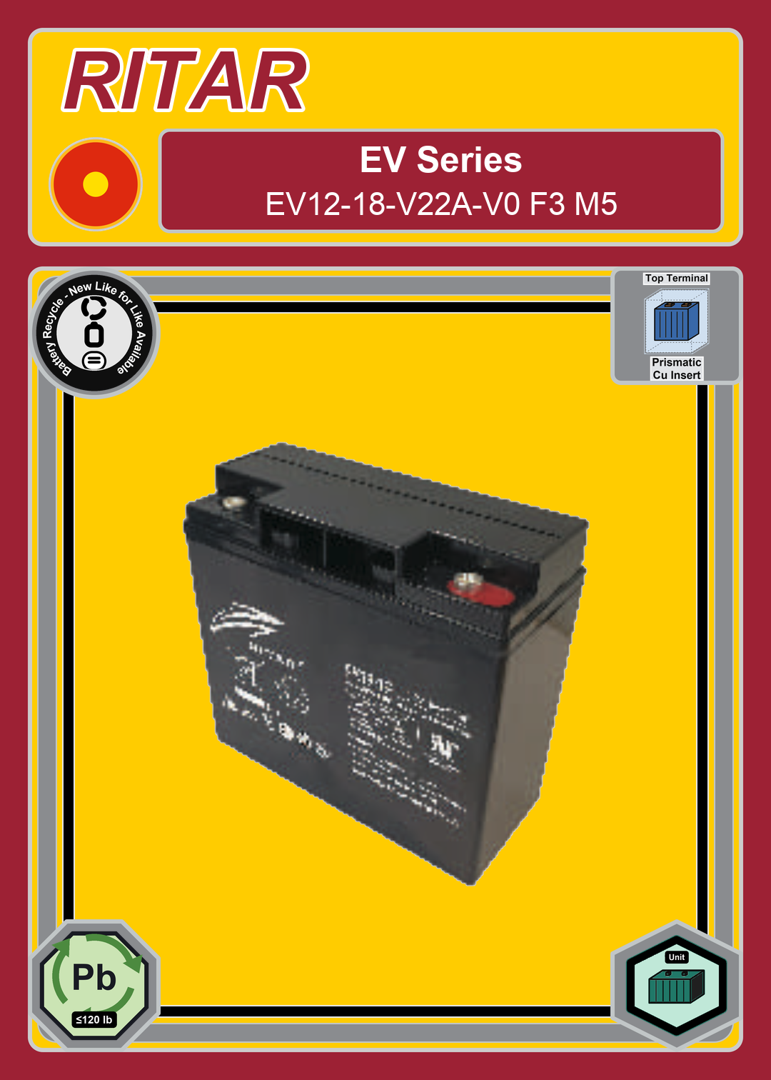 Battery Recycle Ritar EV Series EV12 18 V22A V0 F3 M5
