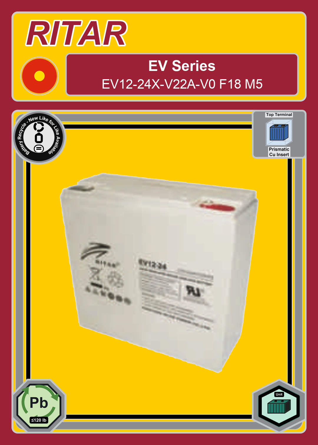 Battery Recycle Ritar EV Series EV12 24X V22A V0 F18 M5