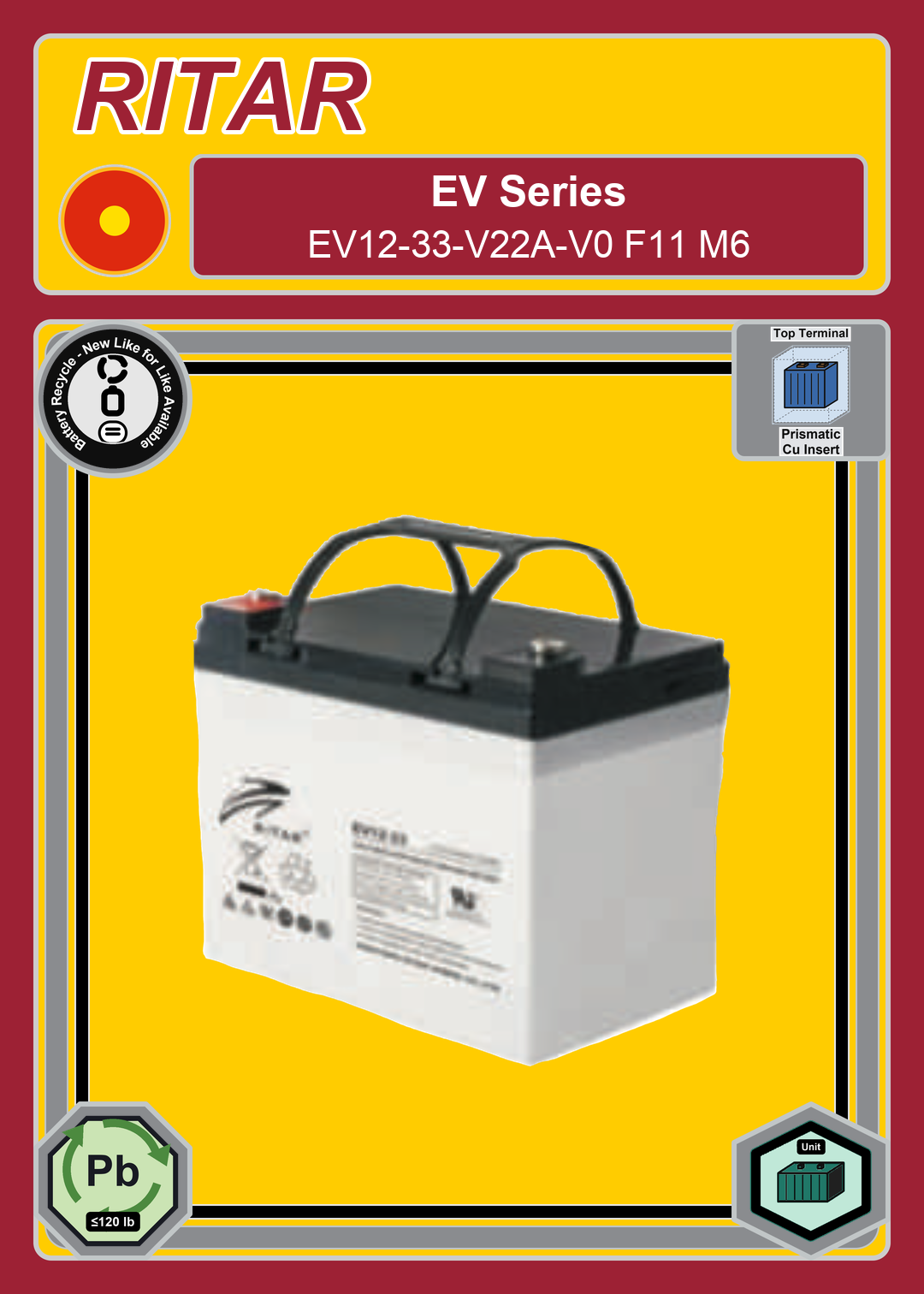 Battery Recycle Ritar EV Series EV12 33 V22A V0 F11 M6