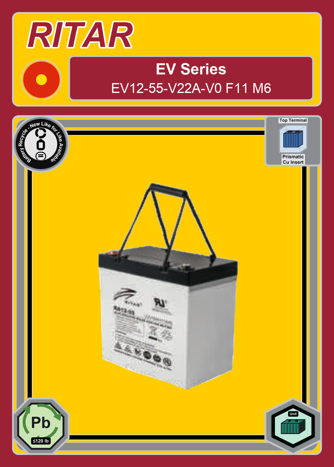 Battery Recycle Ritar EV Series EV12 55 V22A V0 F11 M6