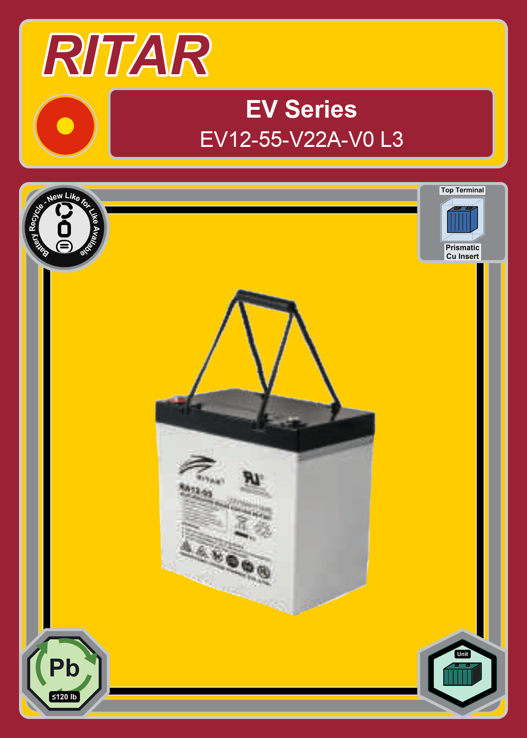 Battery Recycle Ritar EV Series EV12 55 V22A V0 L3