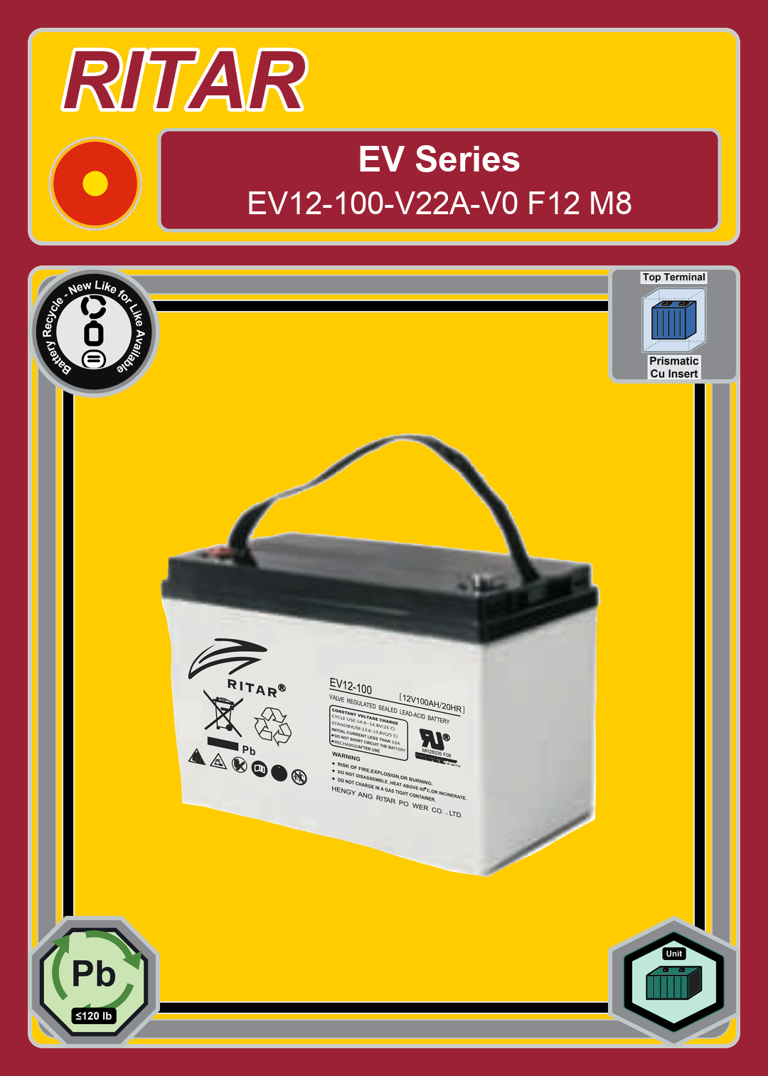 Battery Recycle Ritar EV Series EV12 100 V22A V0 F12 M8