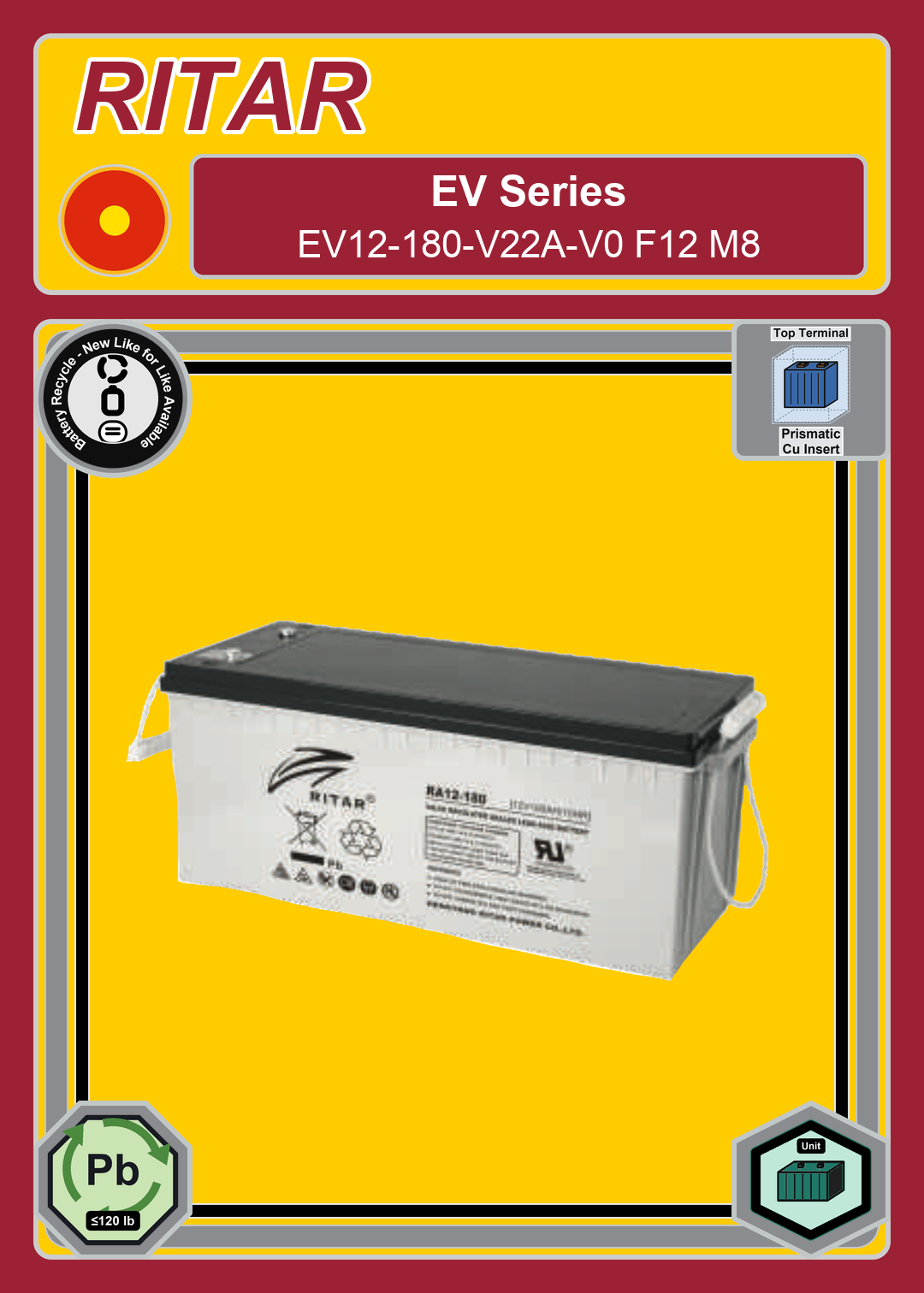 Battery Recycle Ritar EV Series EV12 180 V22A V0 F12 M8