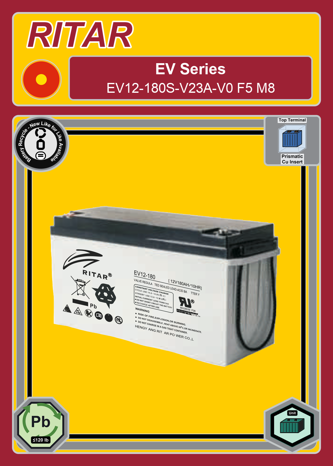 Battery Recycle Ritar EV Series EV12 180S V23A V0 F5 M8