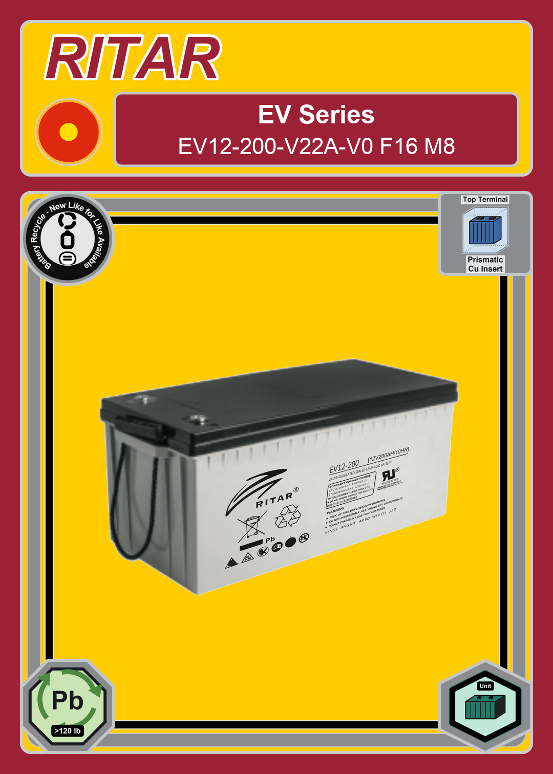 Battery Recycle Ritar EV Series EV12 200 V22A V0 F16 M8