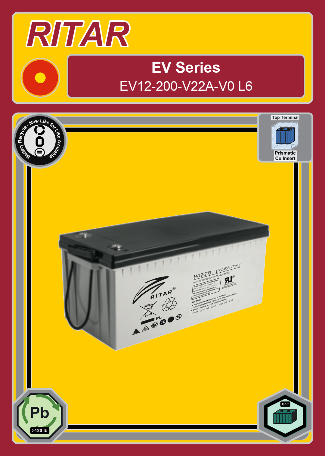 Battery Recycle Ritar EV Series EV12 200 V22A V0 L6