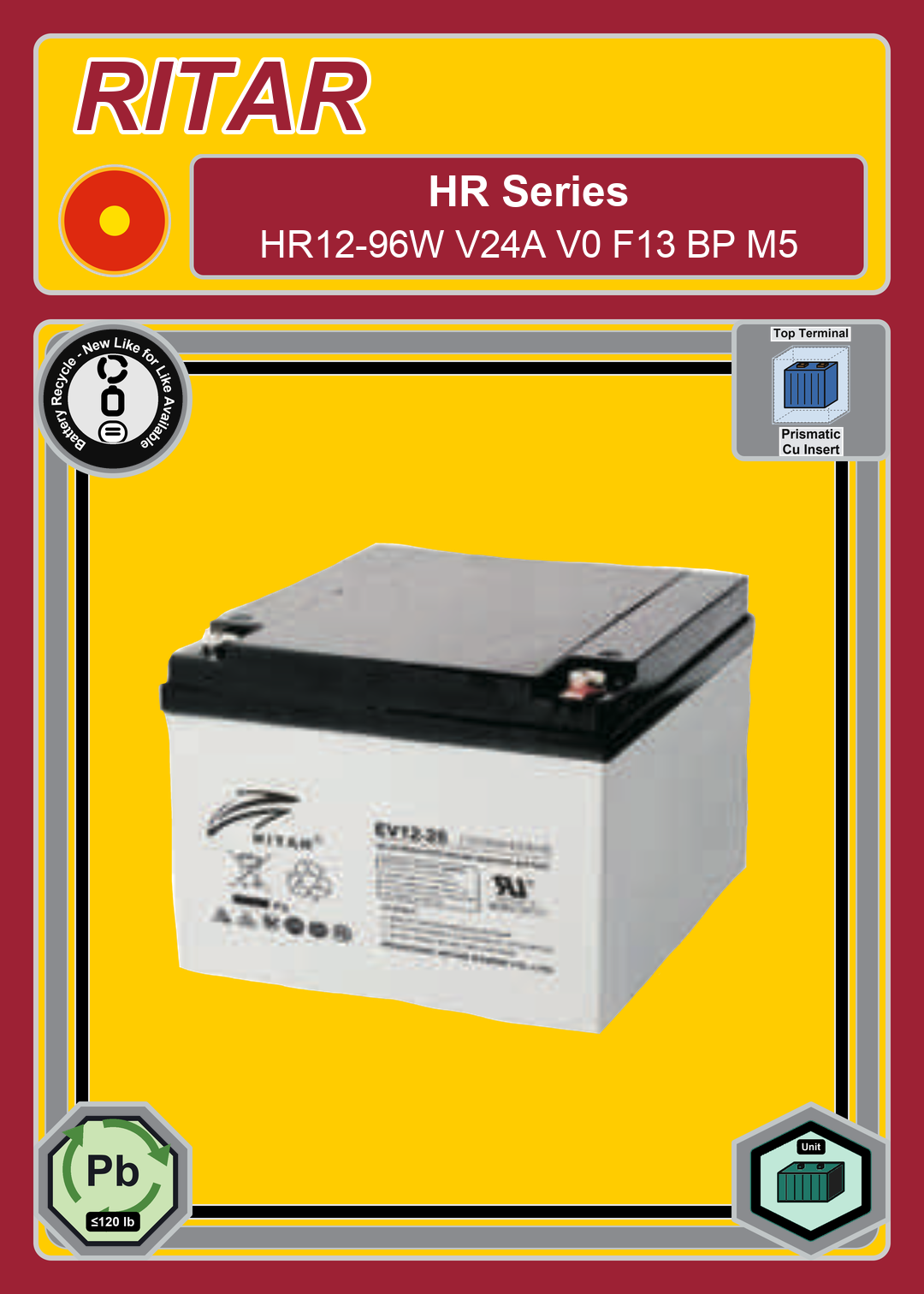 Battery Recycle Ritar HR Series HR12 96W V24A V0 F13 BP M5