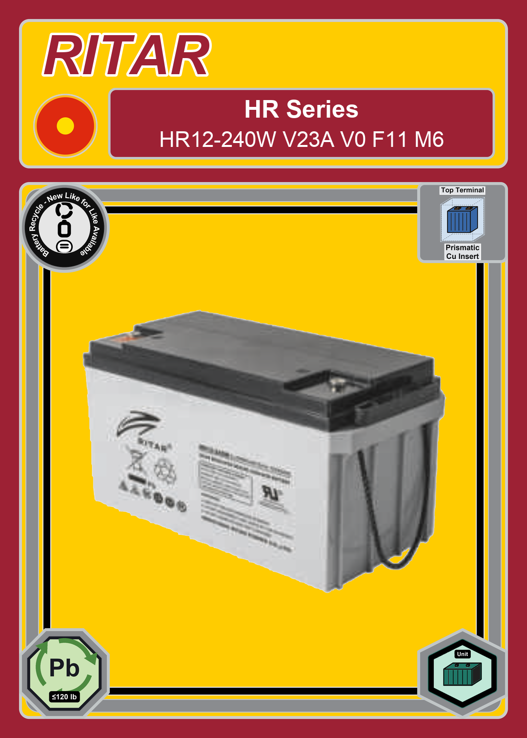 Battery Recycle Ritar HR Series HR12 240W V23A V0 F11 M6