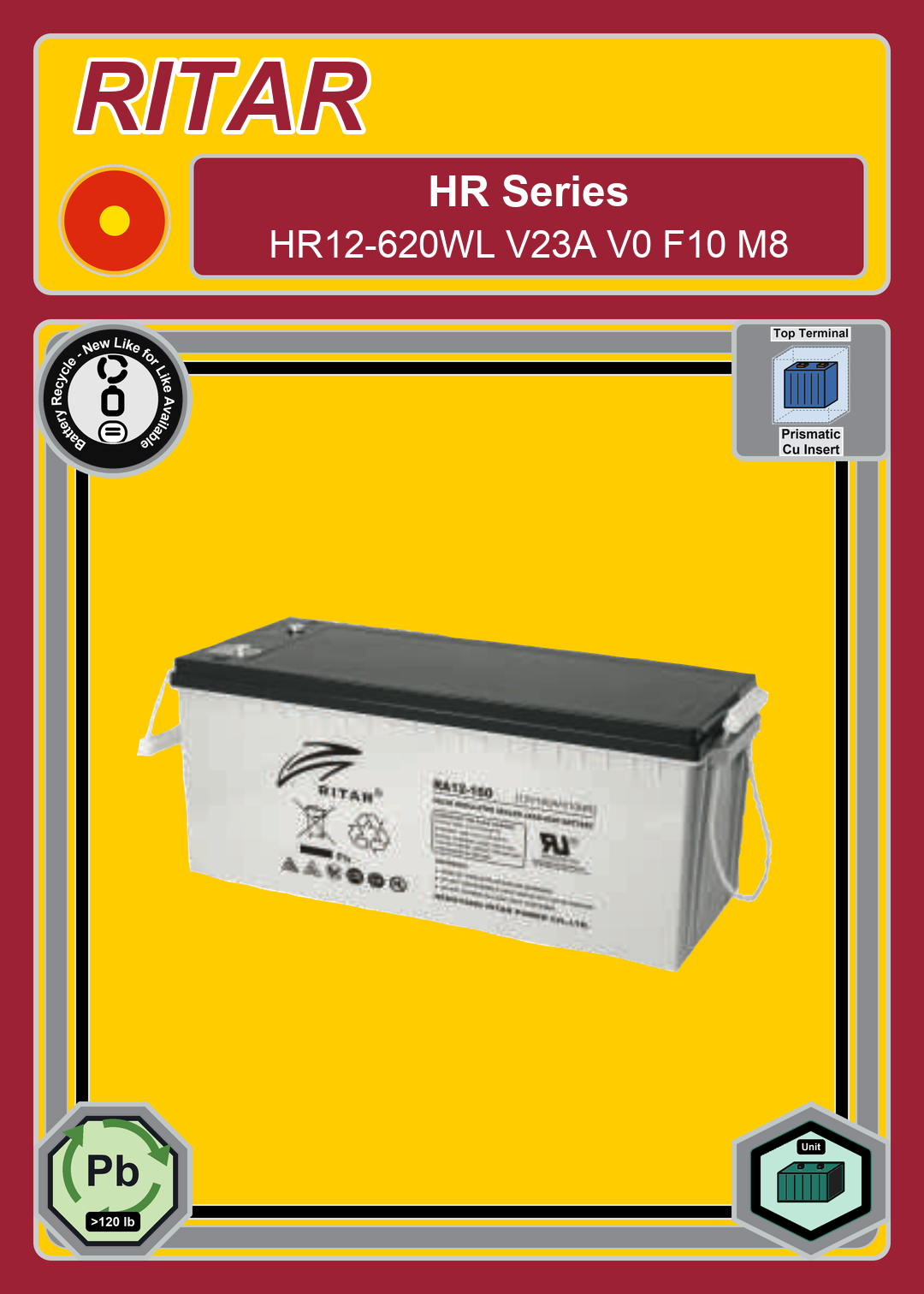 Battery Recycle Ritar HR Series HR12 620WL V23A V0 F10 M8