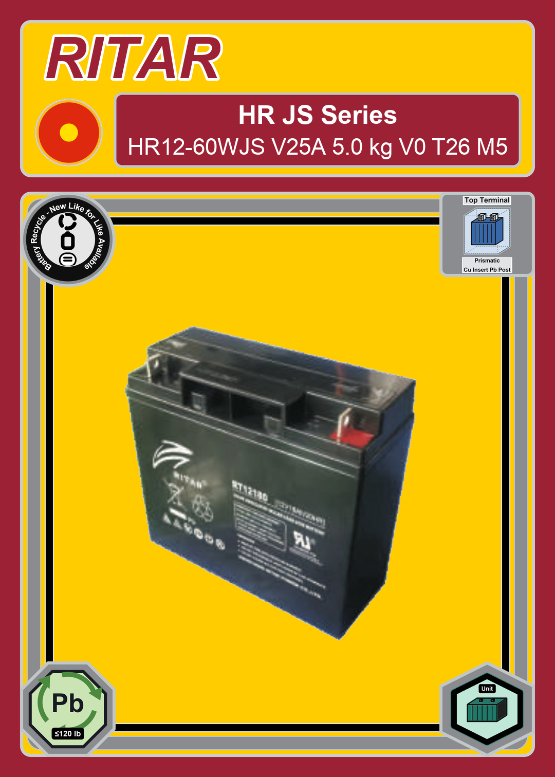 Battery Recycle Ritar HR JS Series HR12 60WJS V25A 5 0 kg V0 T26 M5