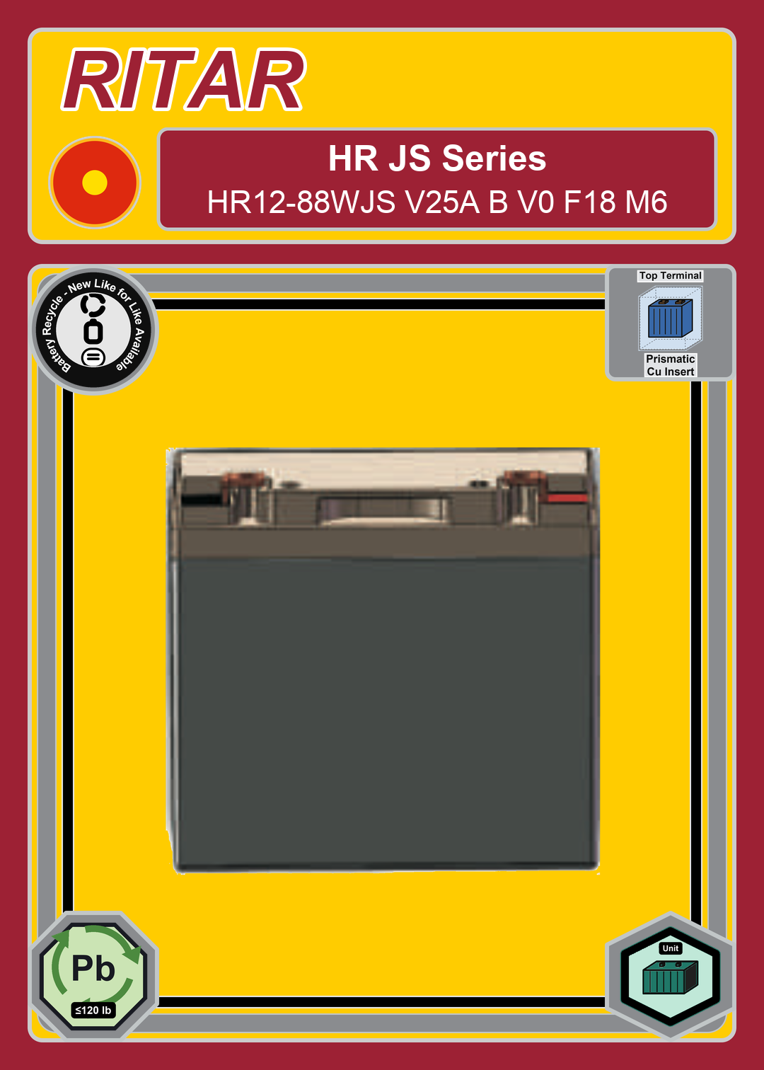 Battery Recycle Ritar HR JS Series HR12 88WJS V25A B V0 F18 M6