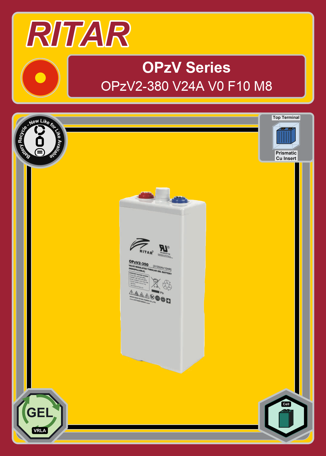 Battery Recycle Ritar OPzV Series OPzV2 380 V24A V0 F10 M8