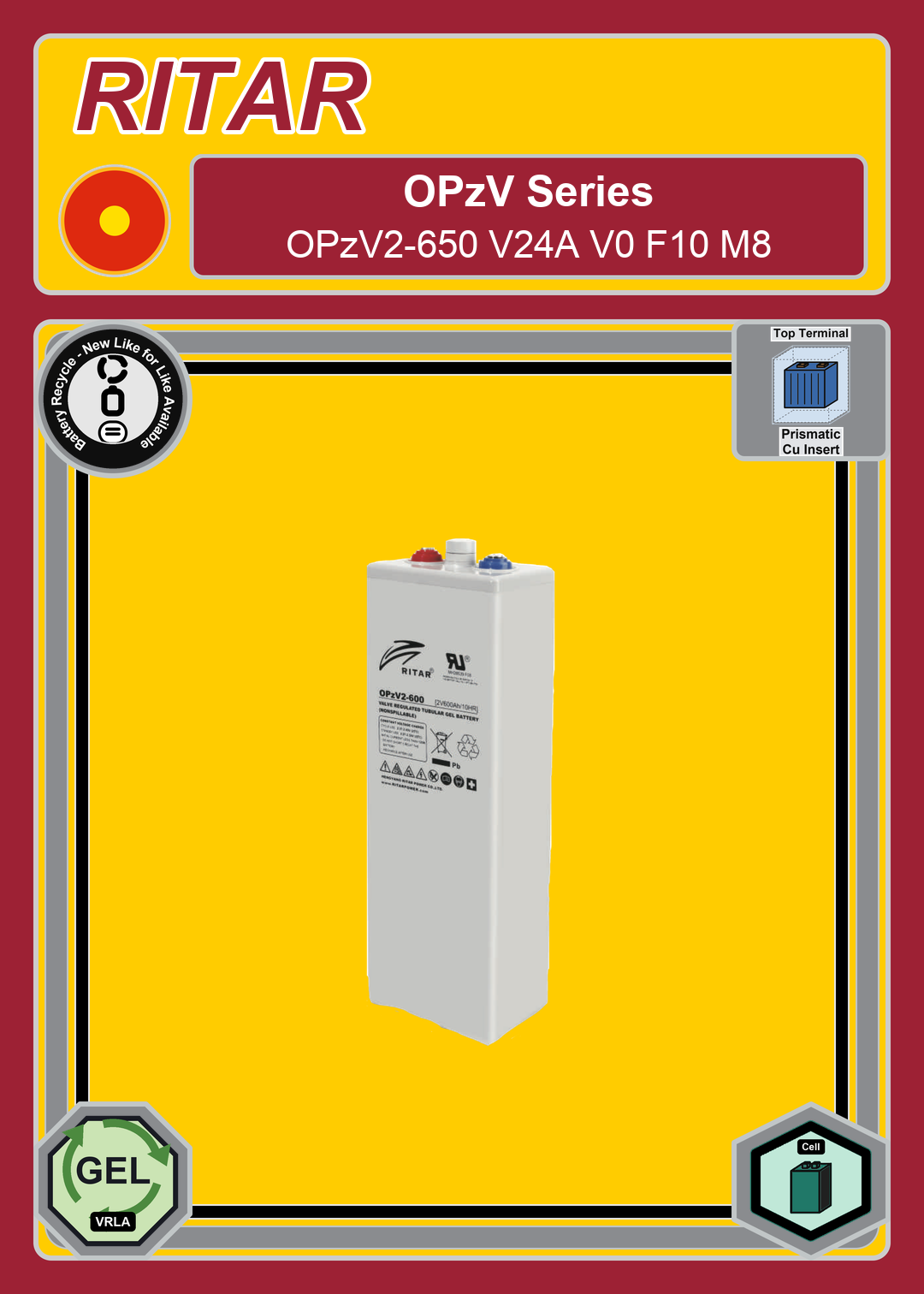 Battery Recycle Ritar OPzV Series OPzV2 650 V24A V0 F10 M8