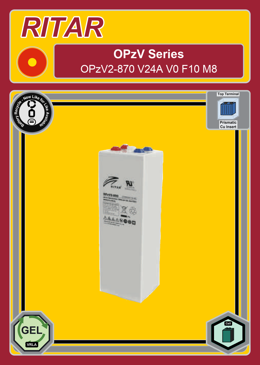 Battery Recycle Ritar OPzV Series OPzV2 870 V24A V0 F10 M8