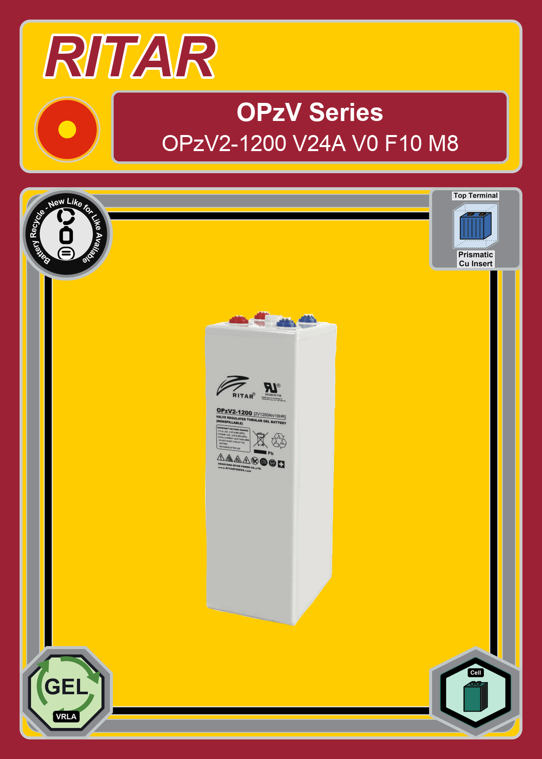 Battery Recycle Ritar OPzV Series OPzV2 1200 V24A V0 F10 M8