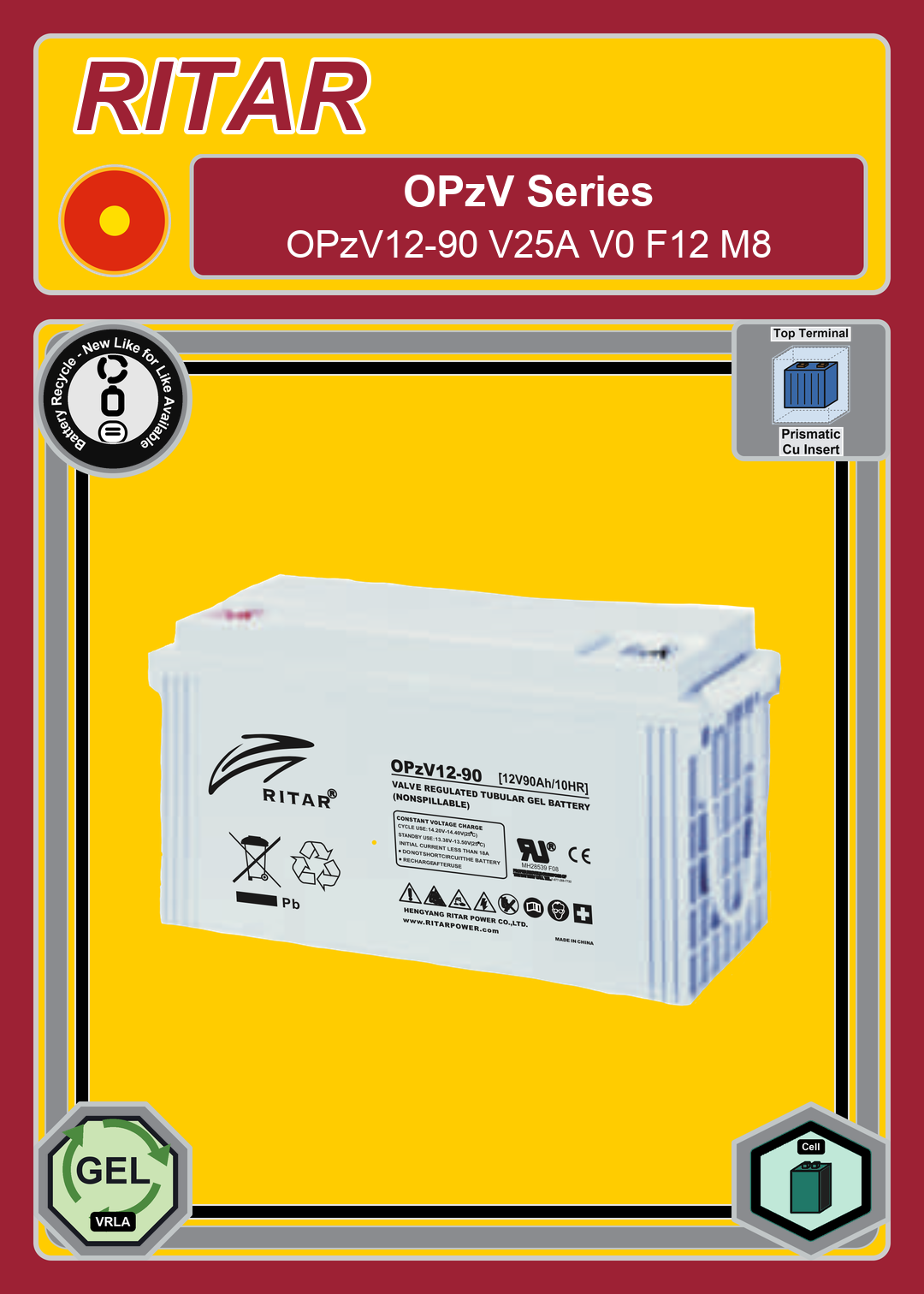 Battery Recycle Ritar OPzV Series OPzV12 90 V25A V0 F12 M8