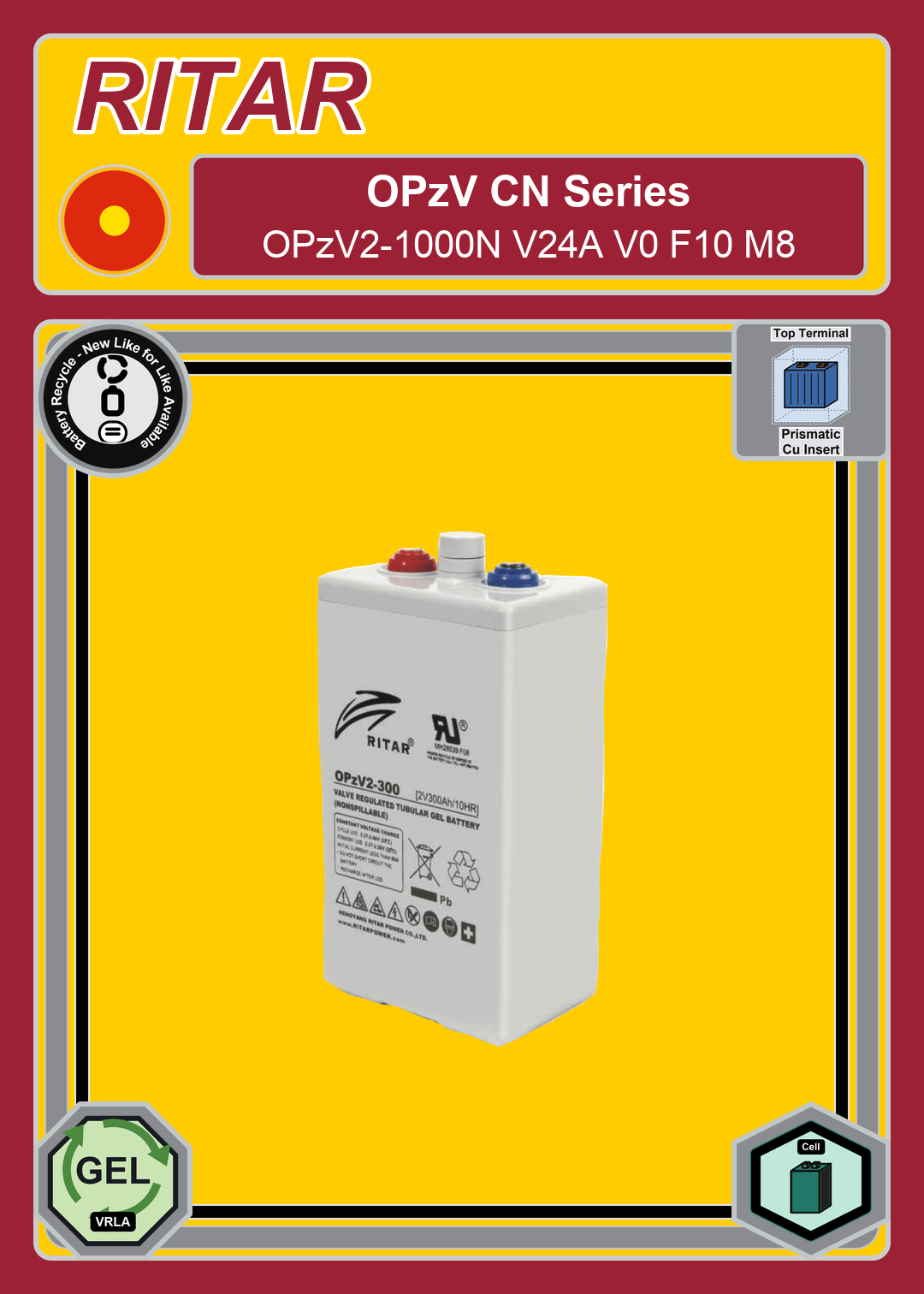 Battery Recycle Ritar OPzV CN Series OPzV2 1000N V24A V0 F10 M8