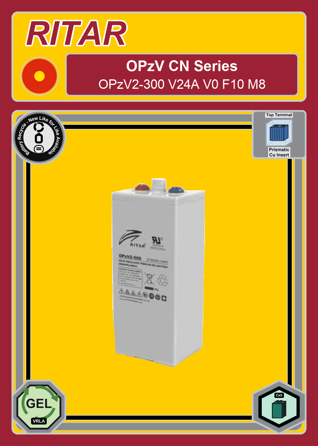 Battery Recycle Ritar OPzV CN Series OPzV2 300 V24A V0 F10 M8