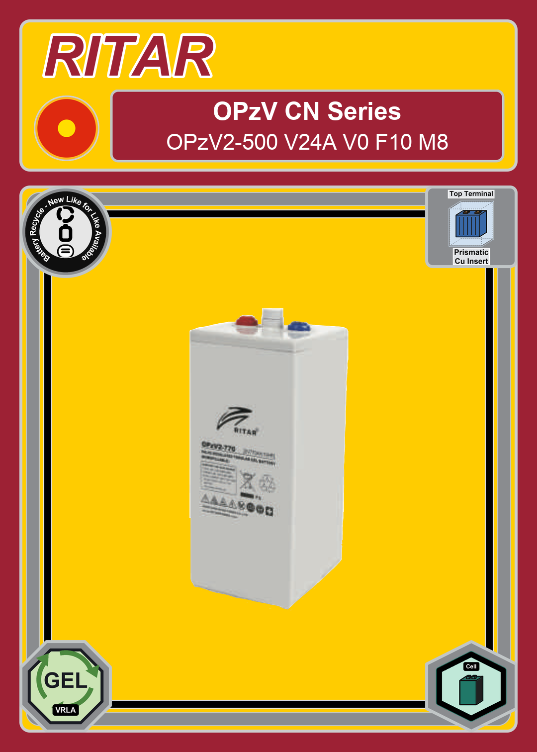 Battery Recycle Ritar OPzV CN Series OPzV2 500 V24A V0 F10 M8