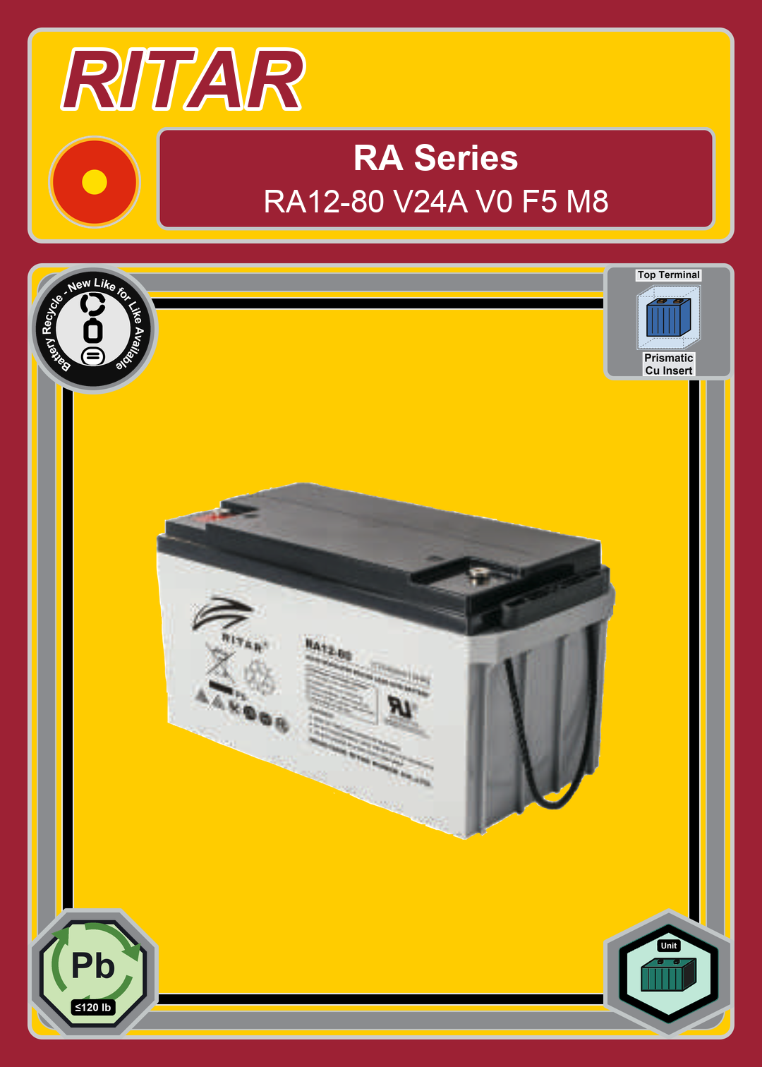 Battery Recycle Ritar RA Series RA12 80 V24A V0 F5 M8