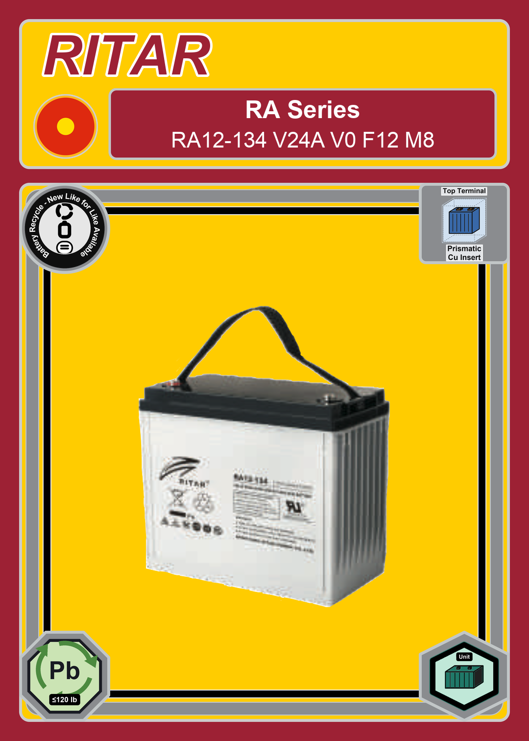 Battery Recycle Ritar RA Series RA12 134 V24A V0 F12 M8