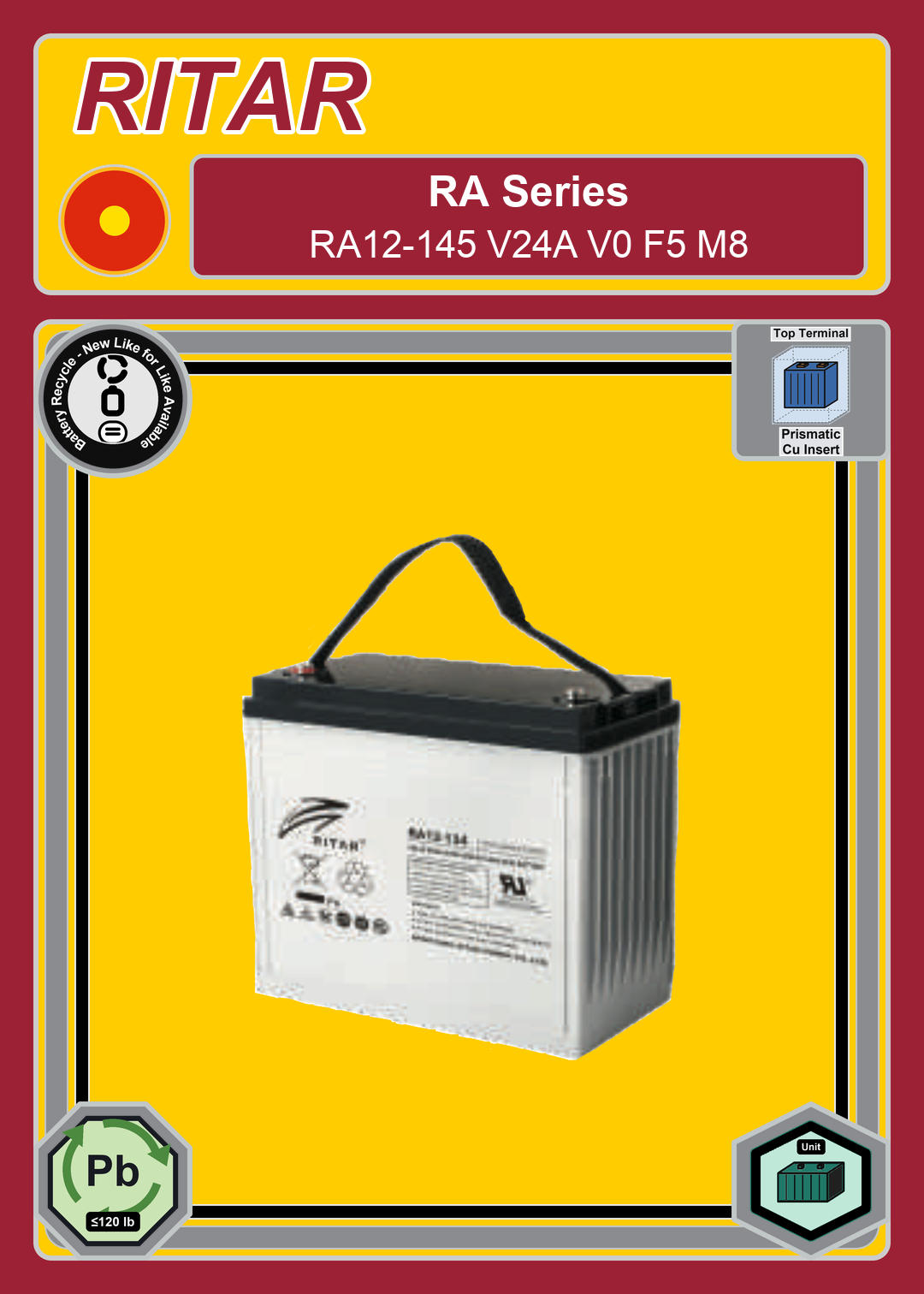 Battery Recycle Ritar RA Series RA12 145 V24A V0 F5 M8