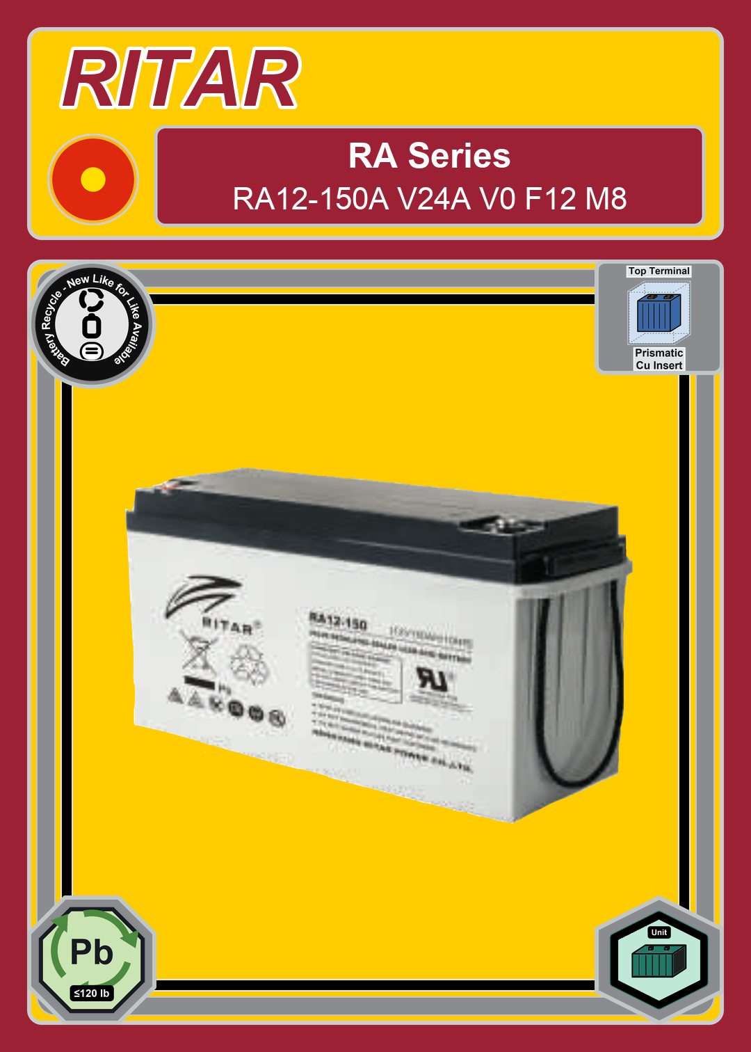 Battery Recycle Ritar RA Series RA12 150A V24A V0 F12 M8