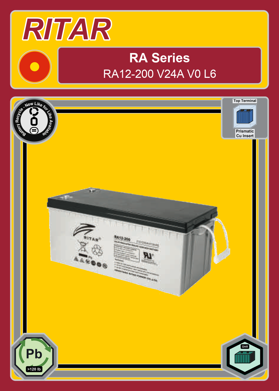Battery Recycle Ritar RA Series RA12 200 V24A V0 L6