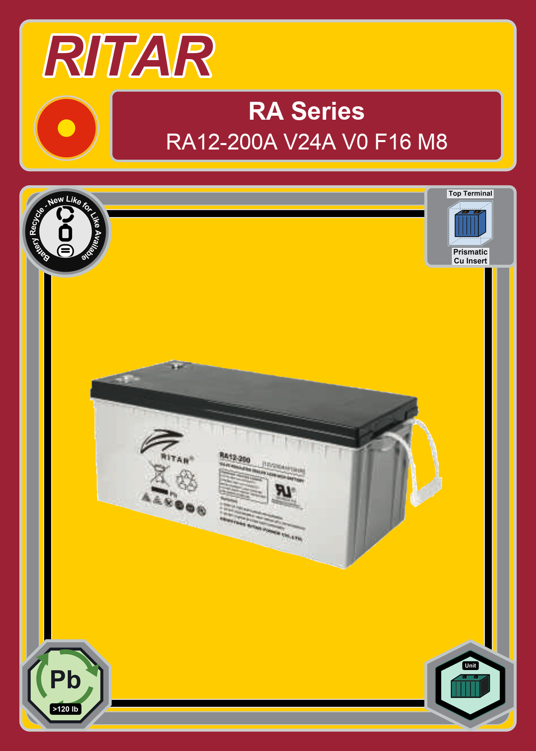 Battery Recycle Ritar RA Series RA12 200A V24A V0 F16 M8