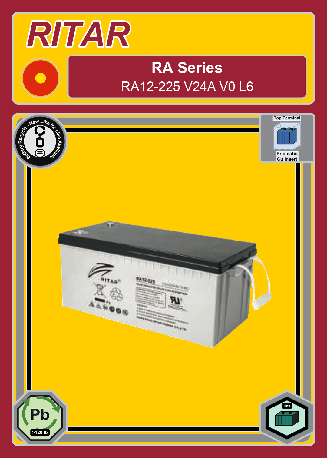 Battery Recycle Ritar RA Series RA12 225 V24A V0 L6