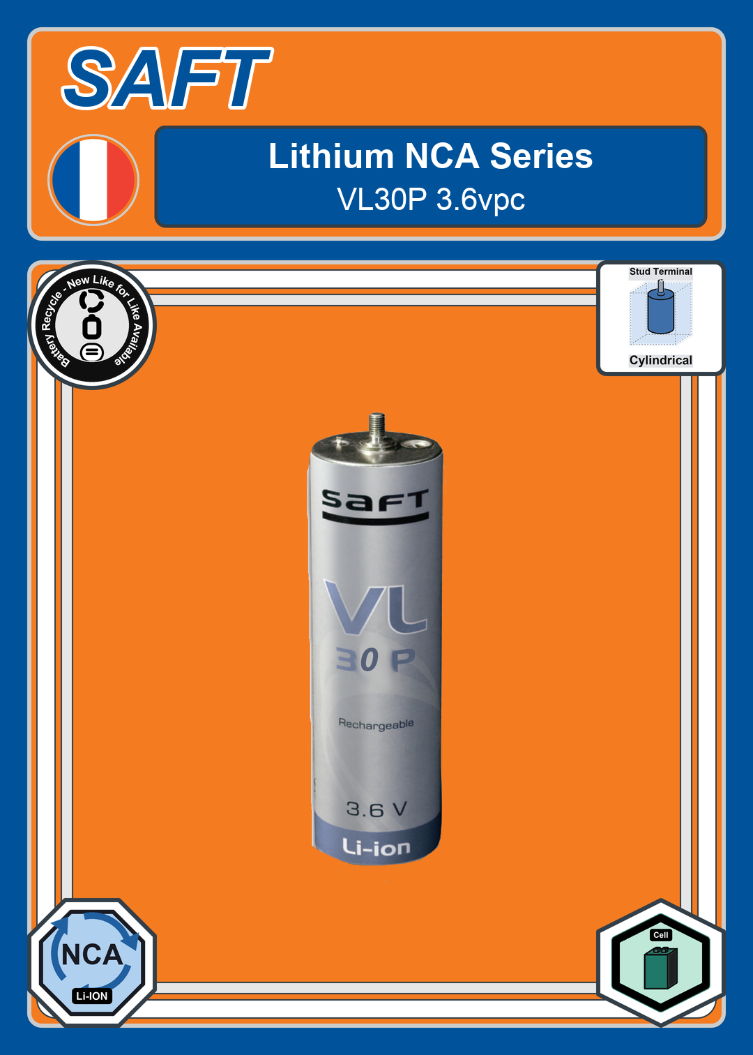 Battery Recycle Saft Lithium NCA Series VL30P 3 6vpc